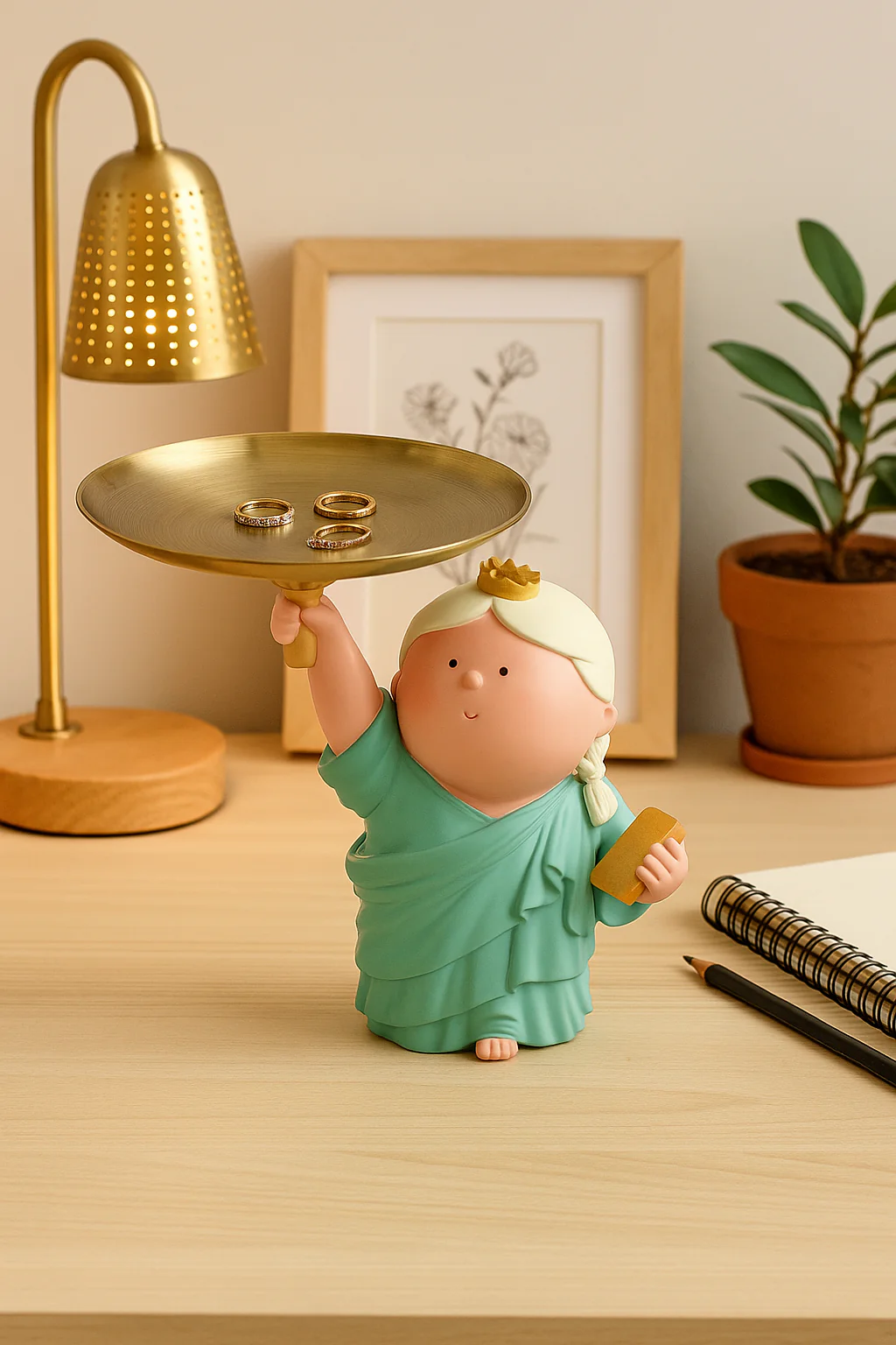 Resin Table Decor Statue with Golden Tray | Cute Lady Holding Plate Figurine - Image 4