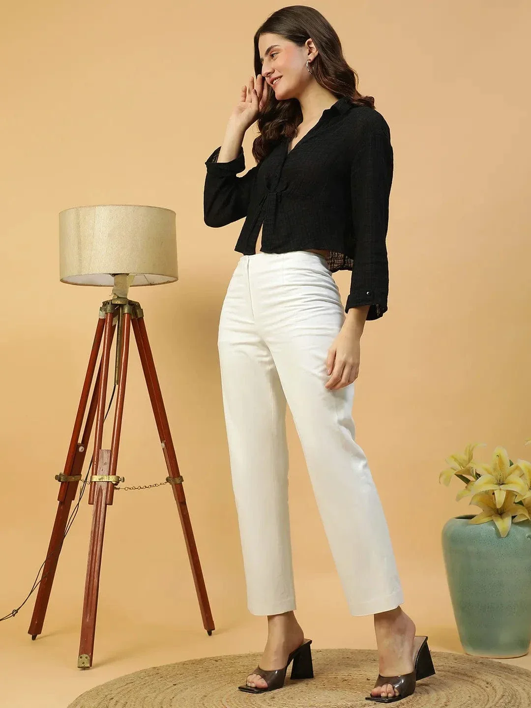 Retro Black Long Sleeve Open Collar Women Crop Cotton Shirt - Image 2