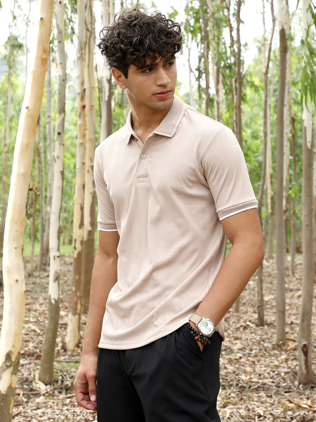 Ribbed-Vined Textured Polo T-Shirt - Image 3