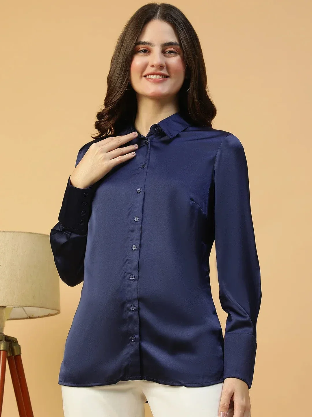 Rich Solid Blue Collared Button Down Long Sleeve Women Satin Shirt