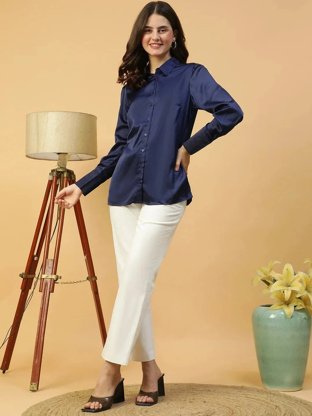 Rich Solid Blue Collared Button Down Long Sleeve Women Satin Shirt - Image 2