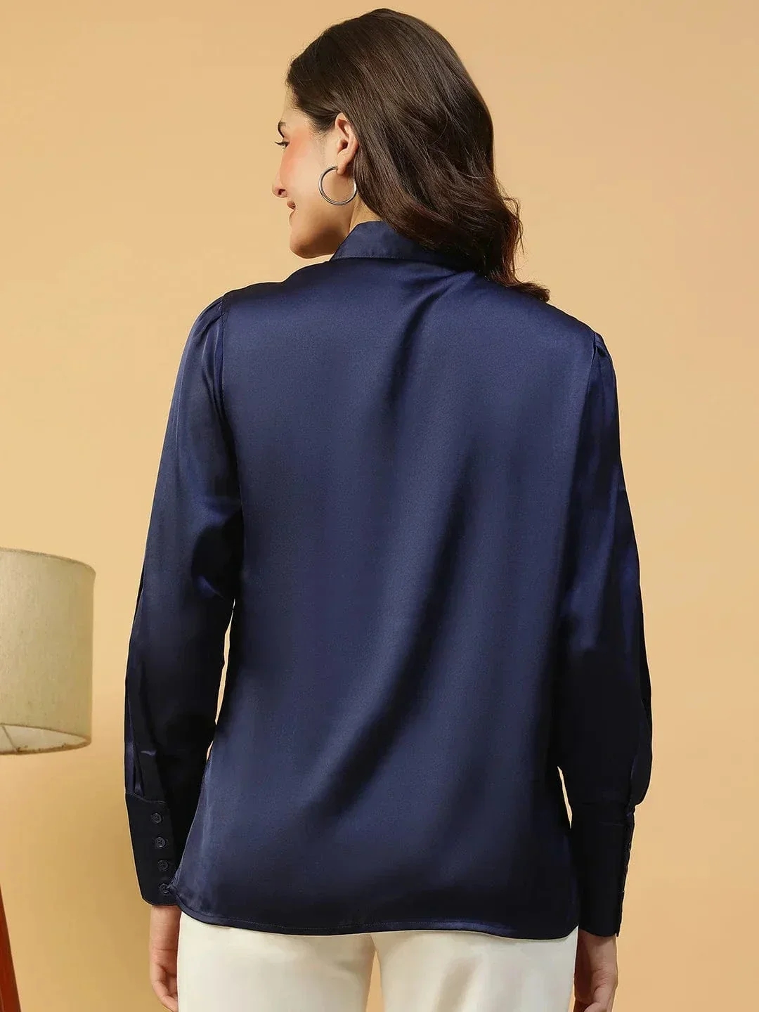 Rich Solid Blue Collared Button Down Long Sleeve Women Satin Shirt - Image 5