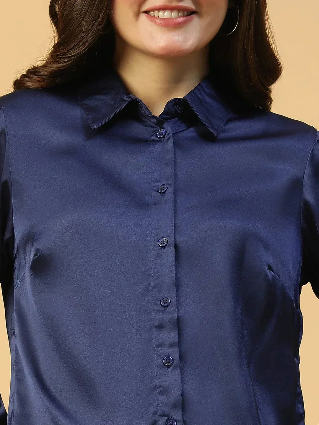Rich Solid Blue Collared Button Down Long Sleeve Women Satin Shirt - Image 6