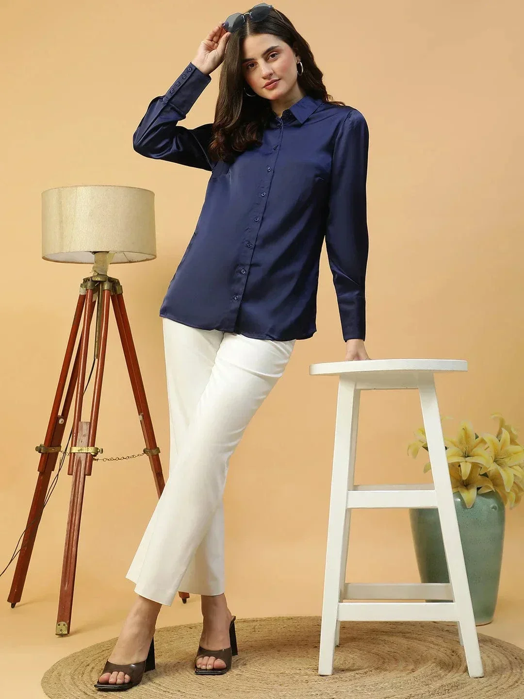 Rich Solid Blue Collared Button Down Long Sleeve Women Satin Shirt - Image 7
