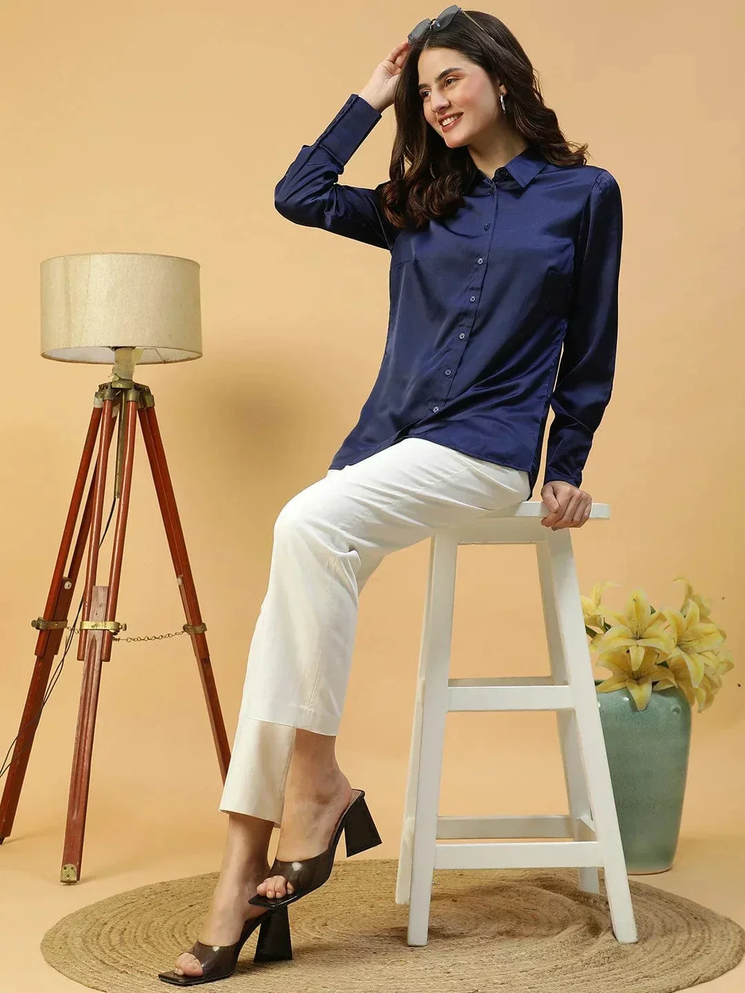 Rich Solid Blue Collared Button Down Long Sleeve Women Satin Shirt - Image 8