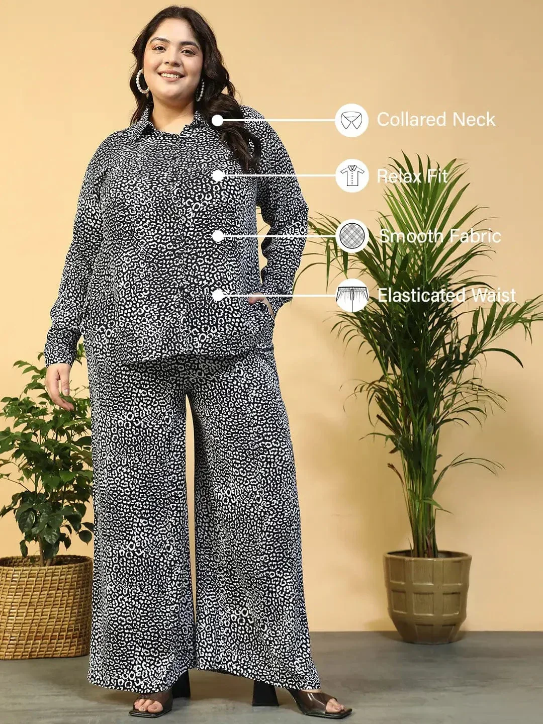 Roar Black Animal Print Collared Shirt with Flared Pants Plus Size Women Co-ord Set - Image 2