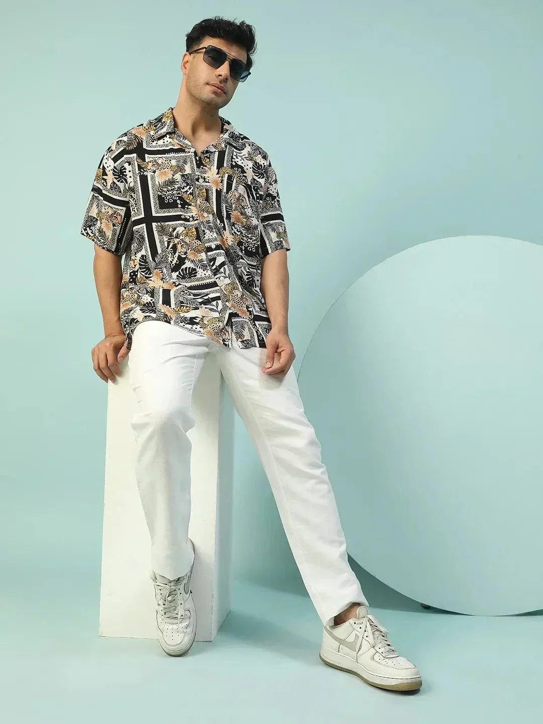 Roar Black Floral Print Lapel Collar Short Sleeve Men Oversized Shirt - Image 2