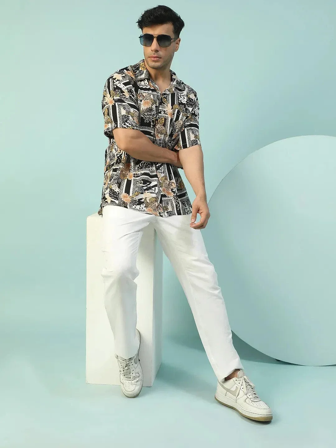 Roar Black Floral Print Lapel Collar Short Sleeve Men Oversized Shirt - Image 8