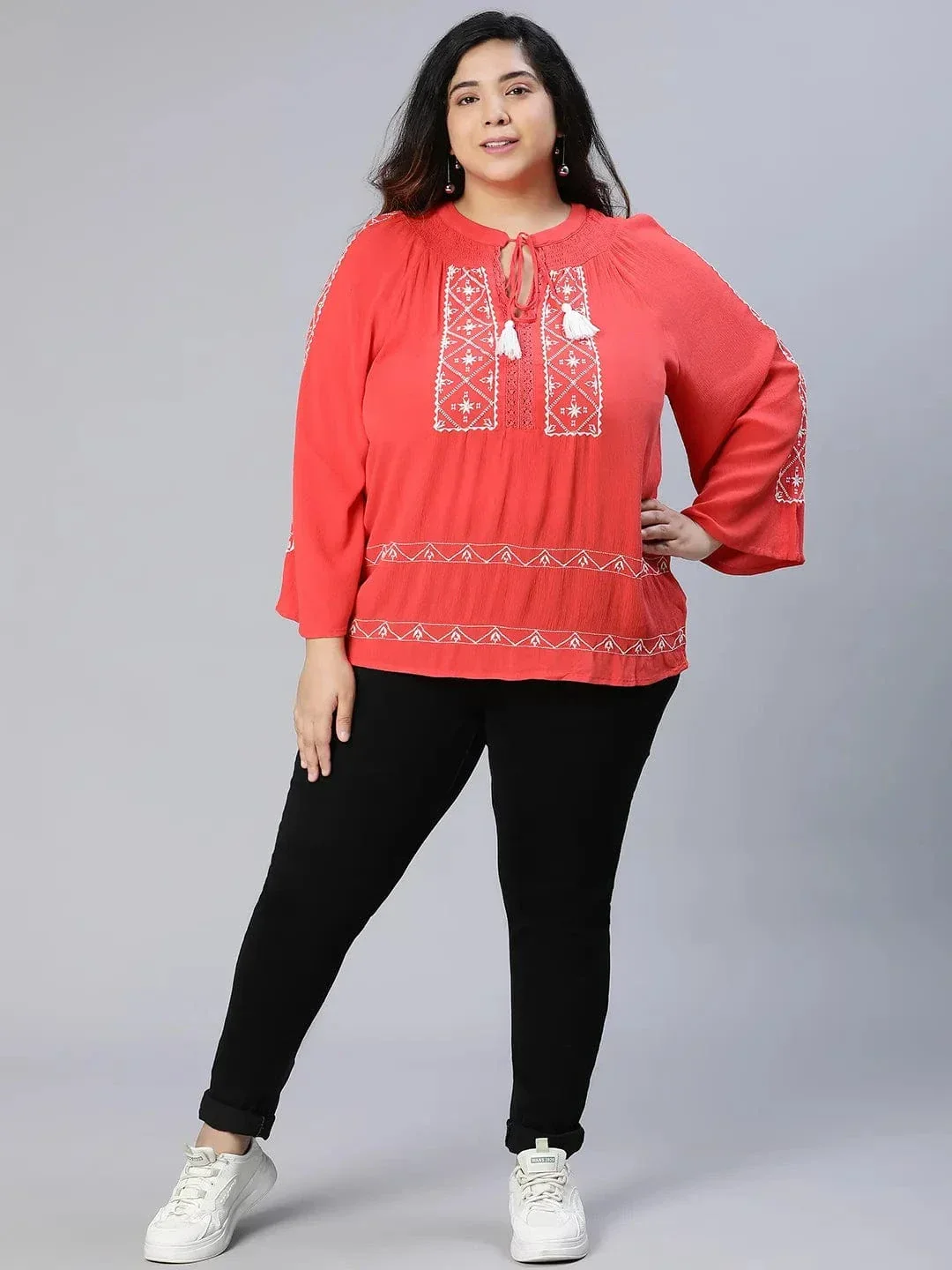 Romed Red Embroidered Plus Size Women Top - Image 2