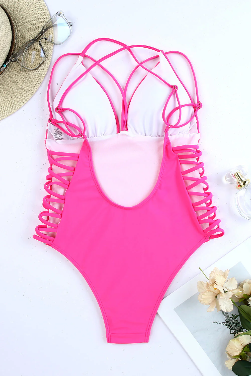 Rose Criss Cross Backless Deep V Neck One Piece Swimsuit - Image 7