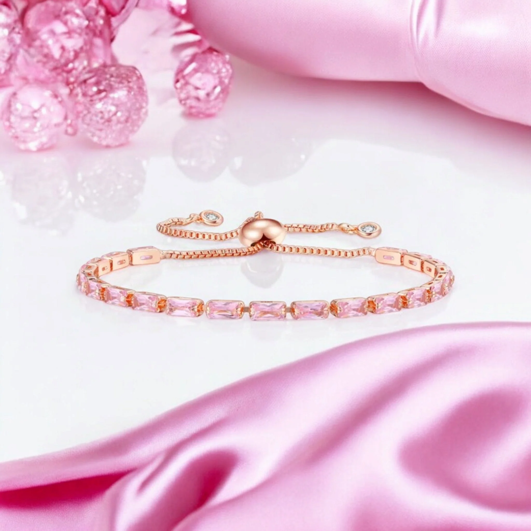 Rose Gold Plated Cubic Zirconia Adjustable Bracelet, Stylish Fashion Jewellery Gift For Girls & Women (Pink) - Image 4