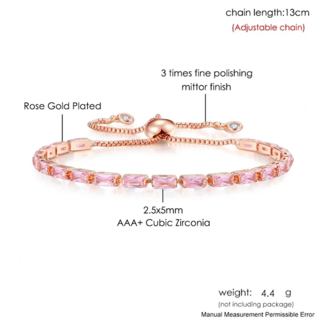 Rose Gold Plated Cubic Zirconia Adjustable Bracelet, Stylish Fashion Jewellery Gift For Girls & Women (Pink) - Image 5