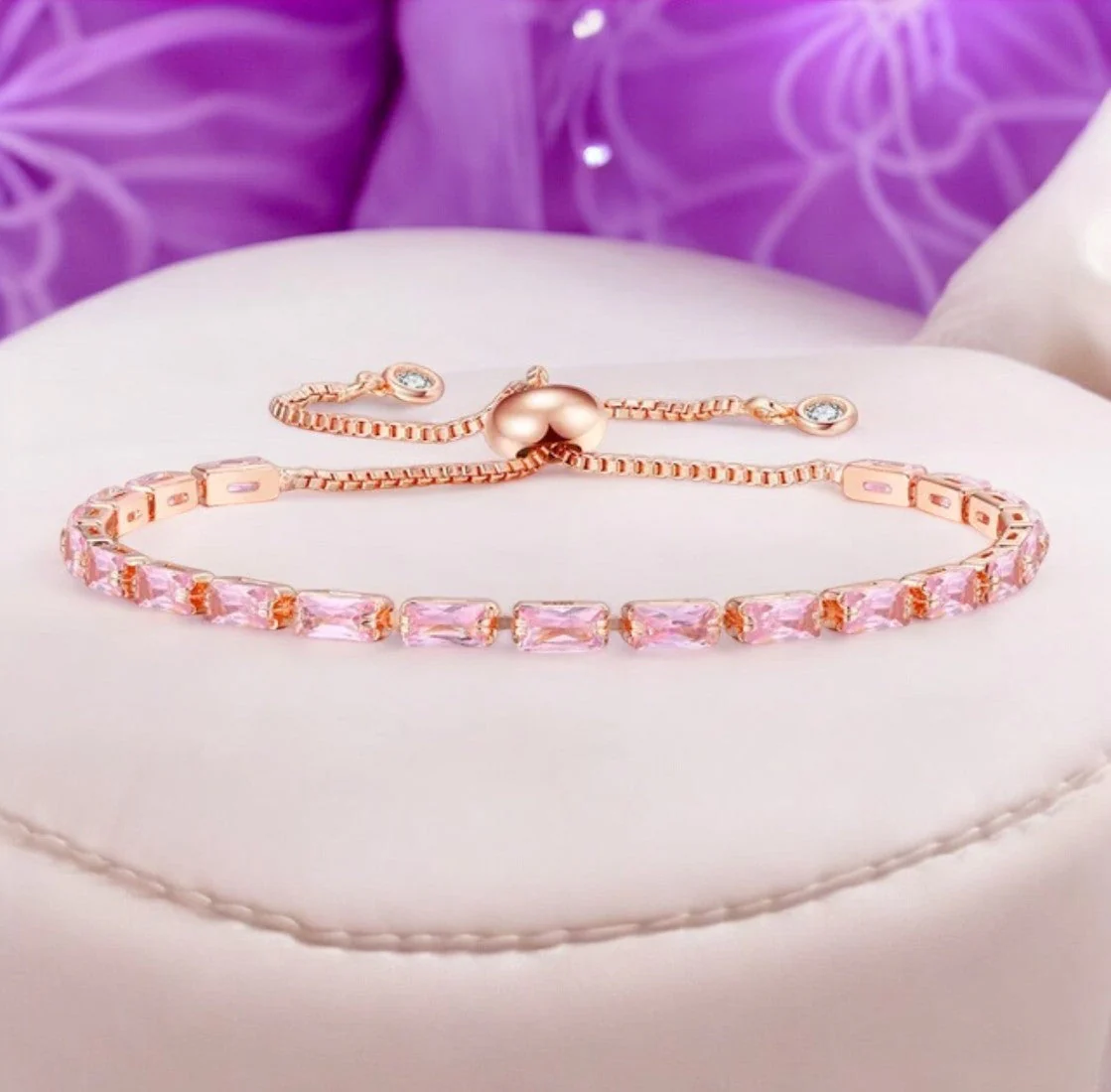 Rose Gold Plated Cubic Zirconia Adjustable Bracelet, Stylish Fashion Jewellery Gift For Girls & Women (Pink) - Image 6