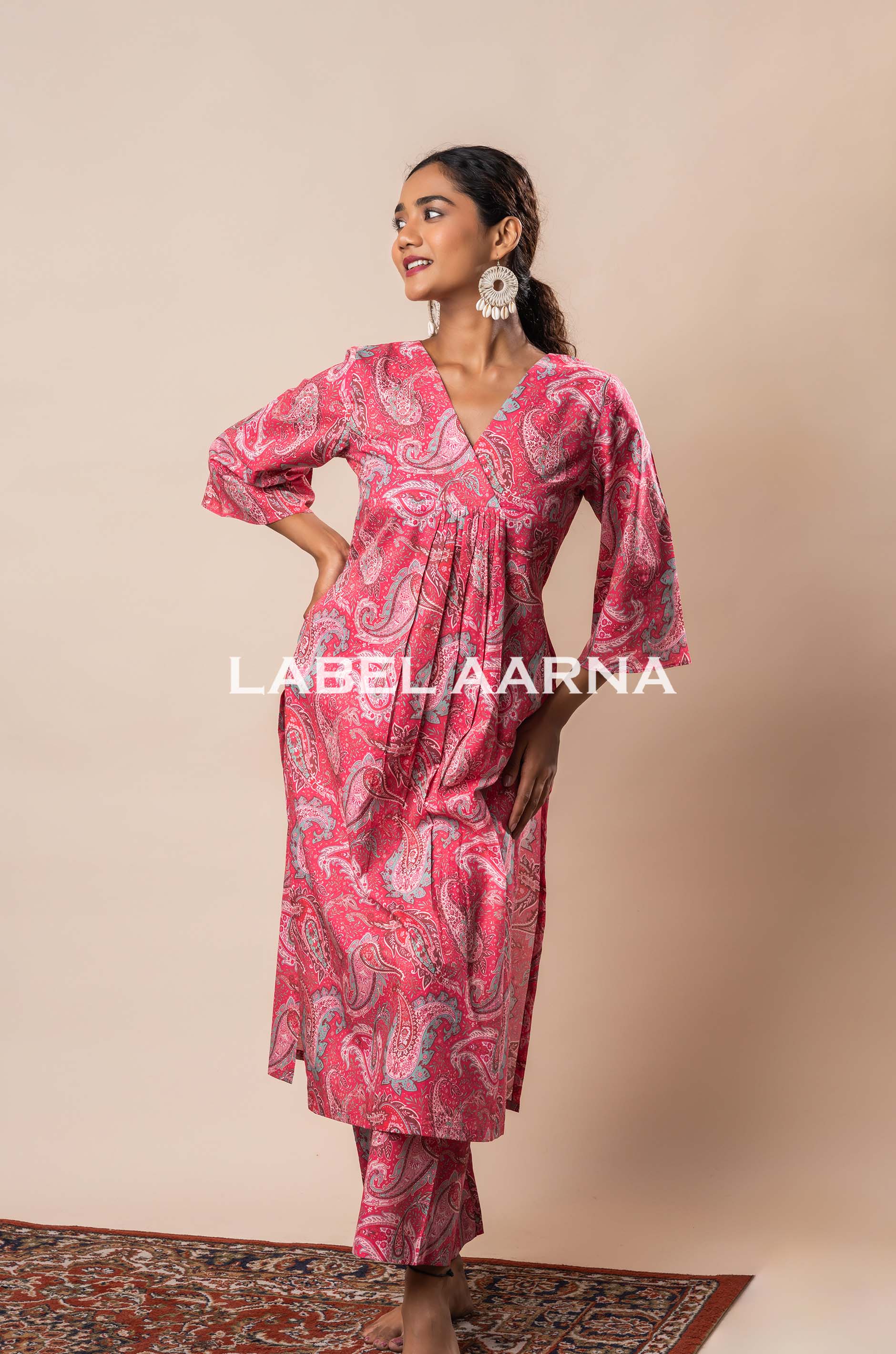 Rose Pink Pure Cotton A-Line Printed Flared Kurta Set - Image 2
