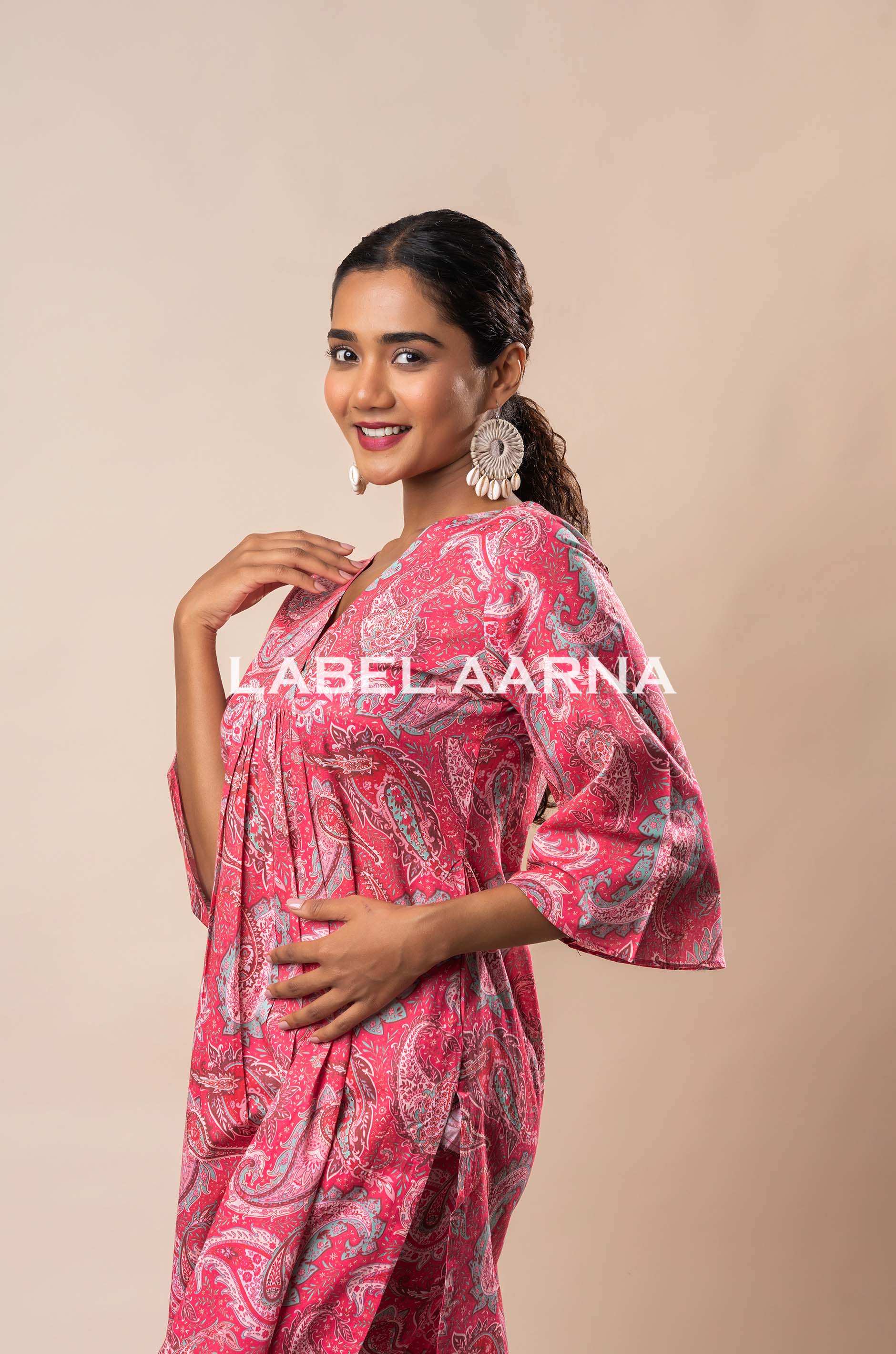 Rose Pink Pure Cotton A-Line Printed Flared Kurta Set - Image 3