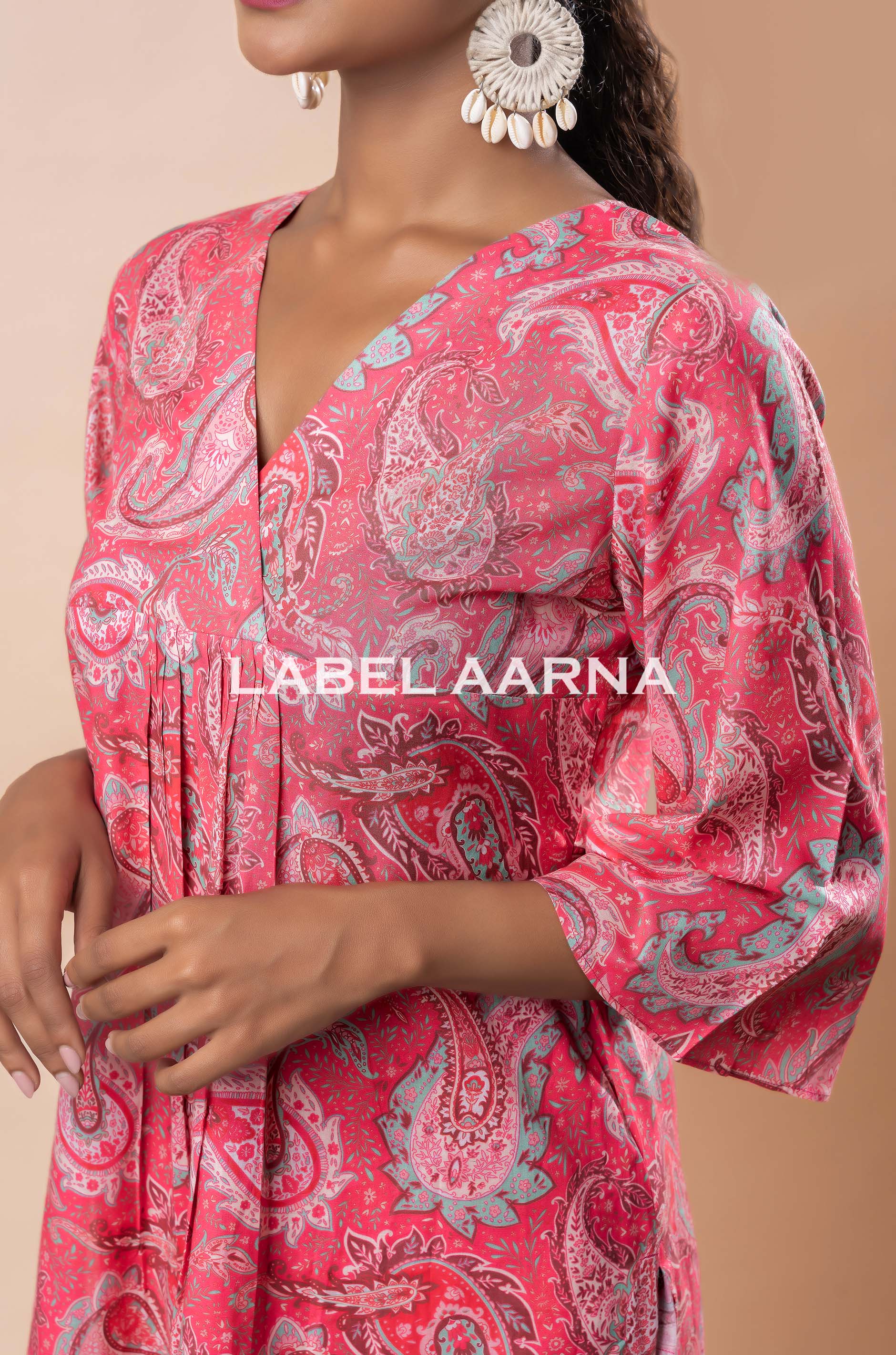 Rose Pink Pure Cotton A-Line Printed Flared Kurta Set - Image 4