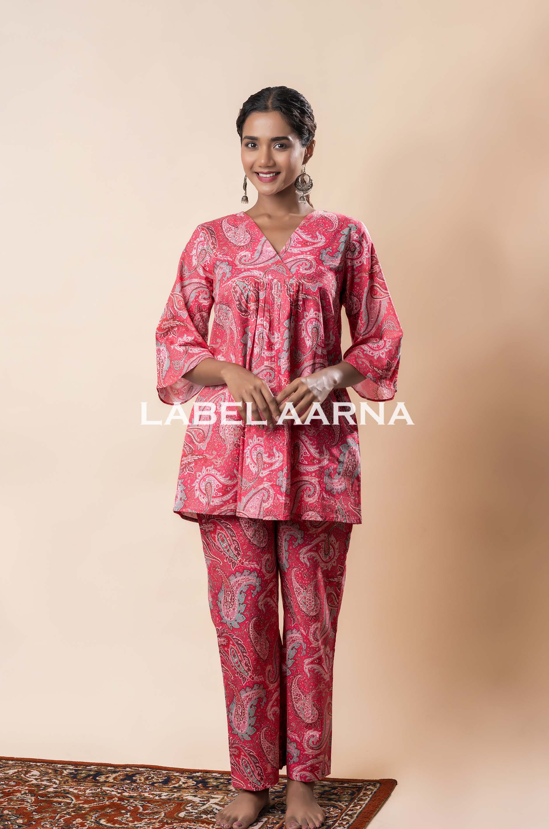 Rose Pink Pure Cotton Printed A-Line Flared Co-Ord Set