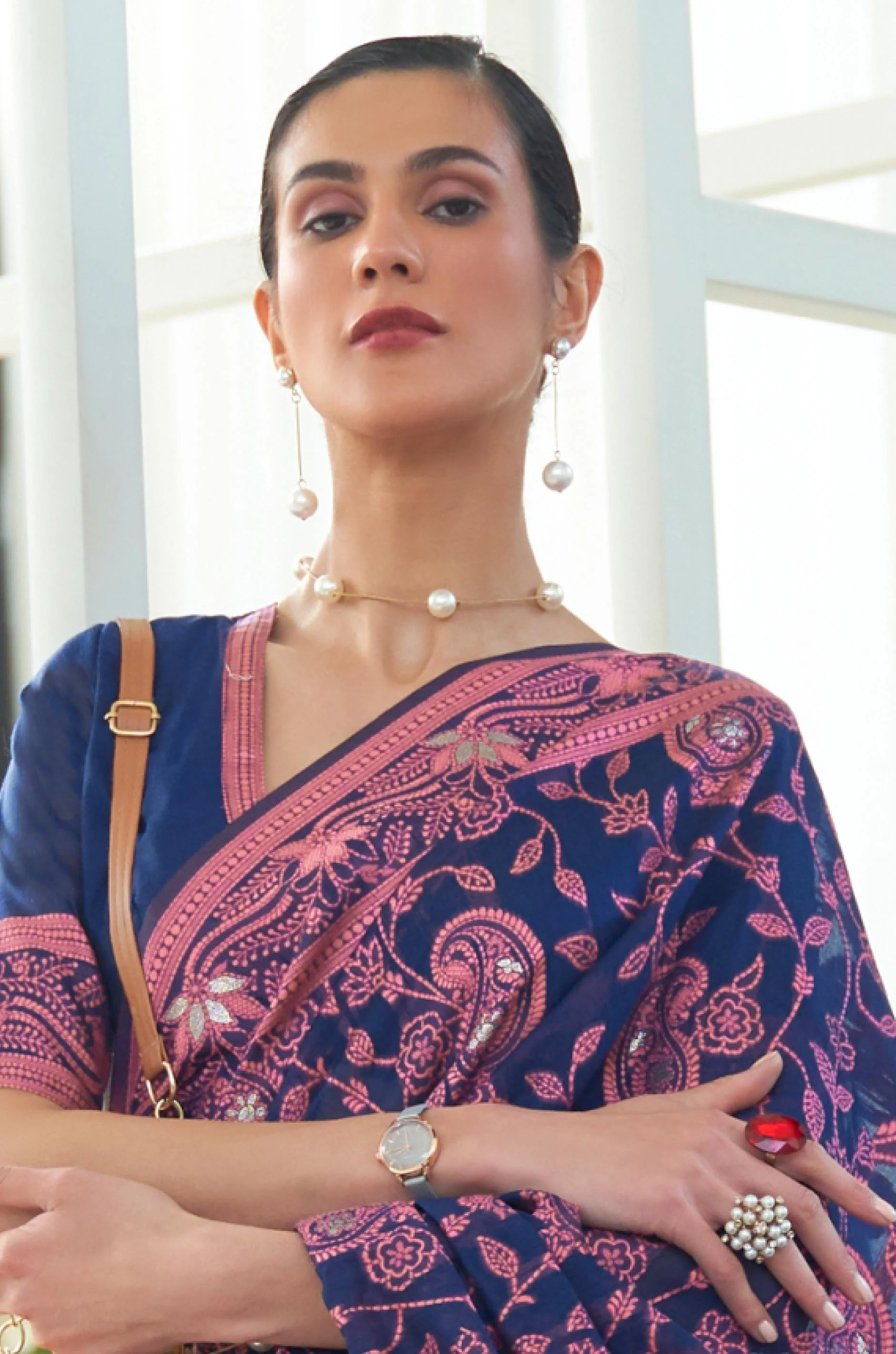 Royal Blue Woven Chikankari Banarasi Saree - Image 4