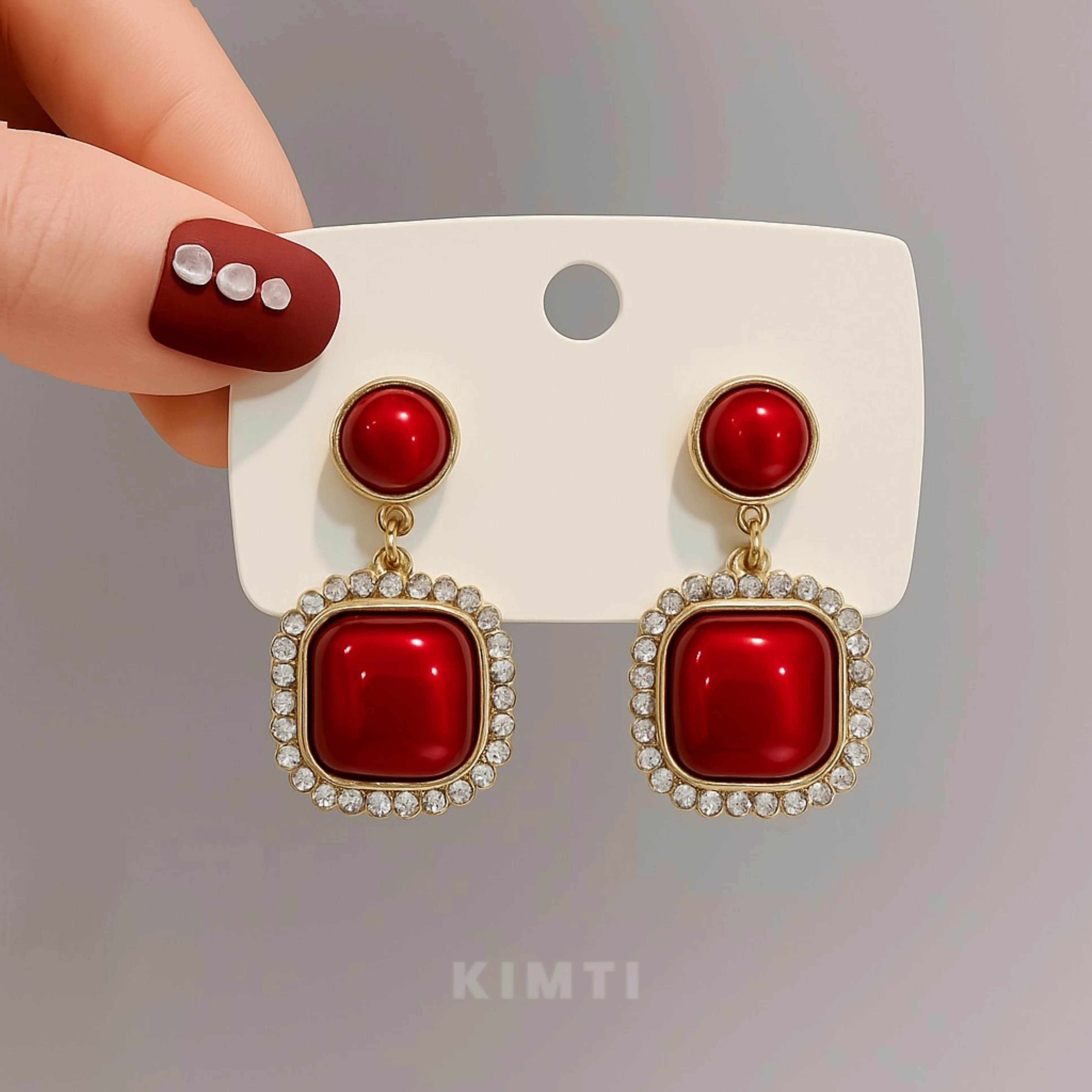 Ruby Pearl Top Stone Drop Earrings - Image 2