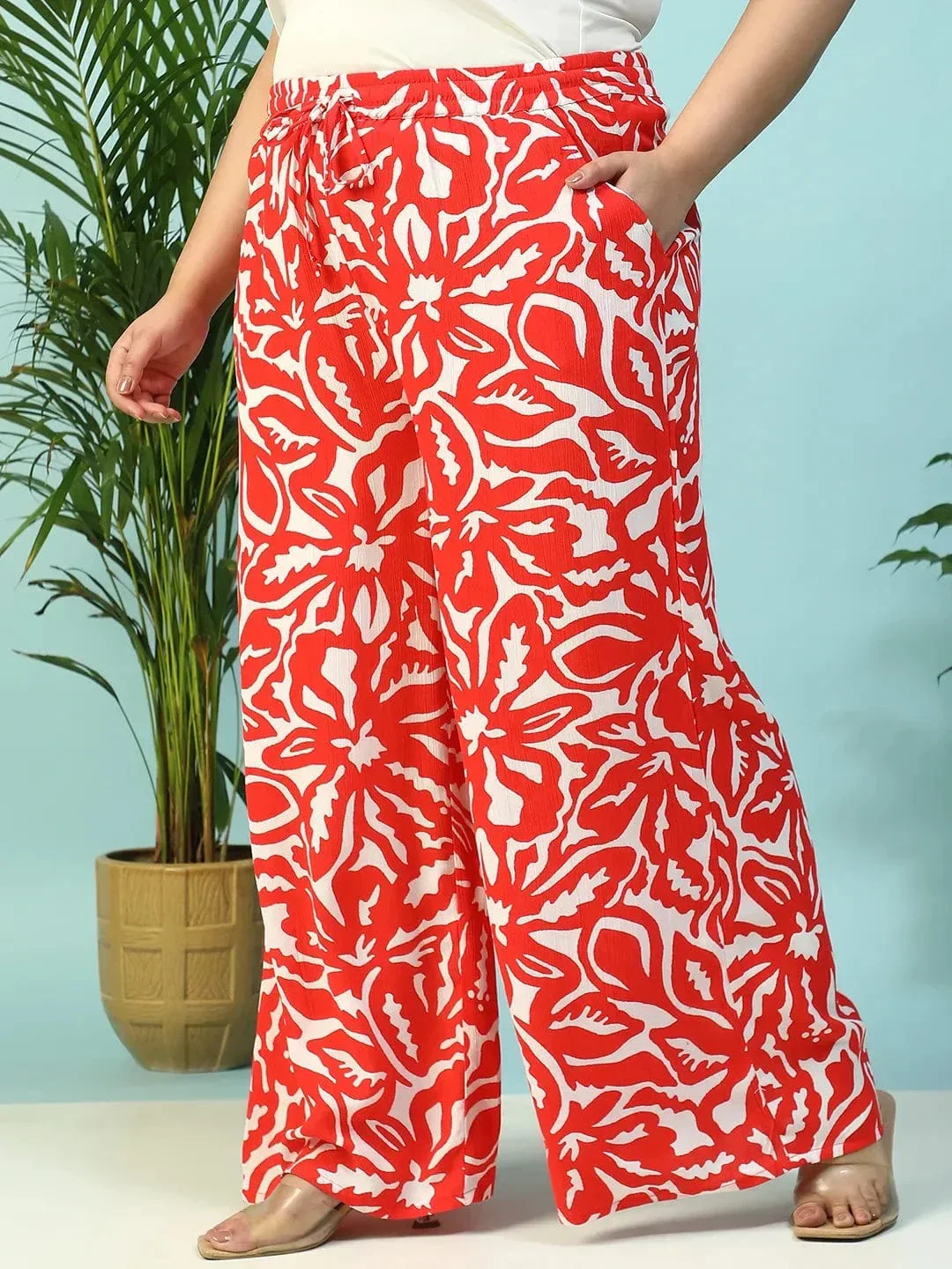 Ruby Red Floral Print Flared Elasticated Waist With Tie-Up Detail Plus Size Women Pant - Image 3