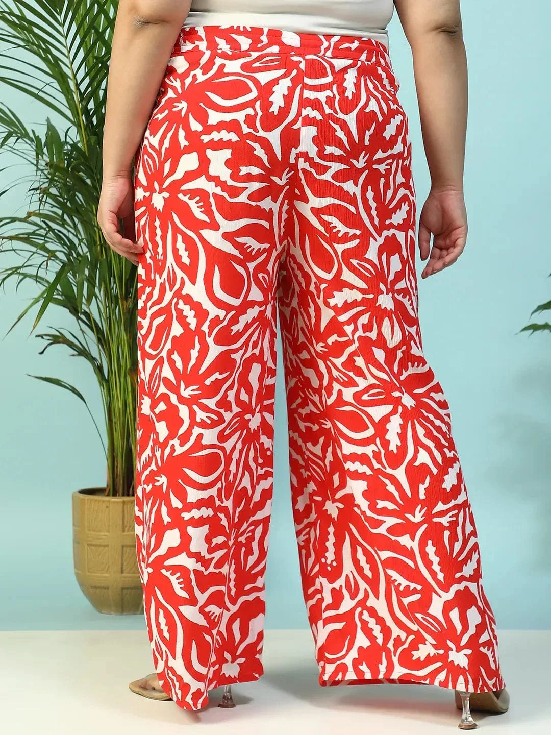 Ruby Red Floral Print Flared Elasticated Waist With Tie-Up Detail Plus Size Women Pant - Image 5