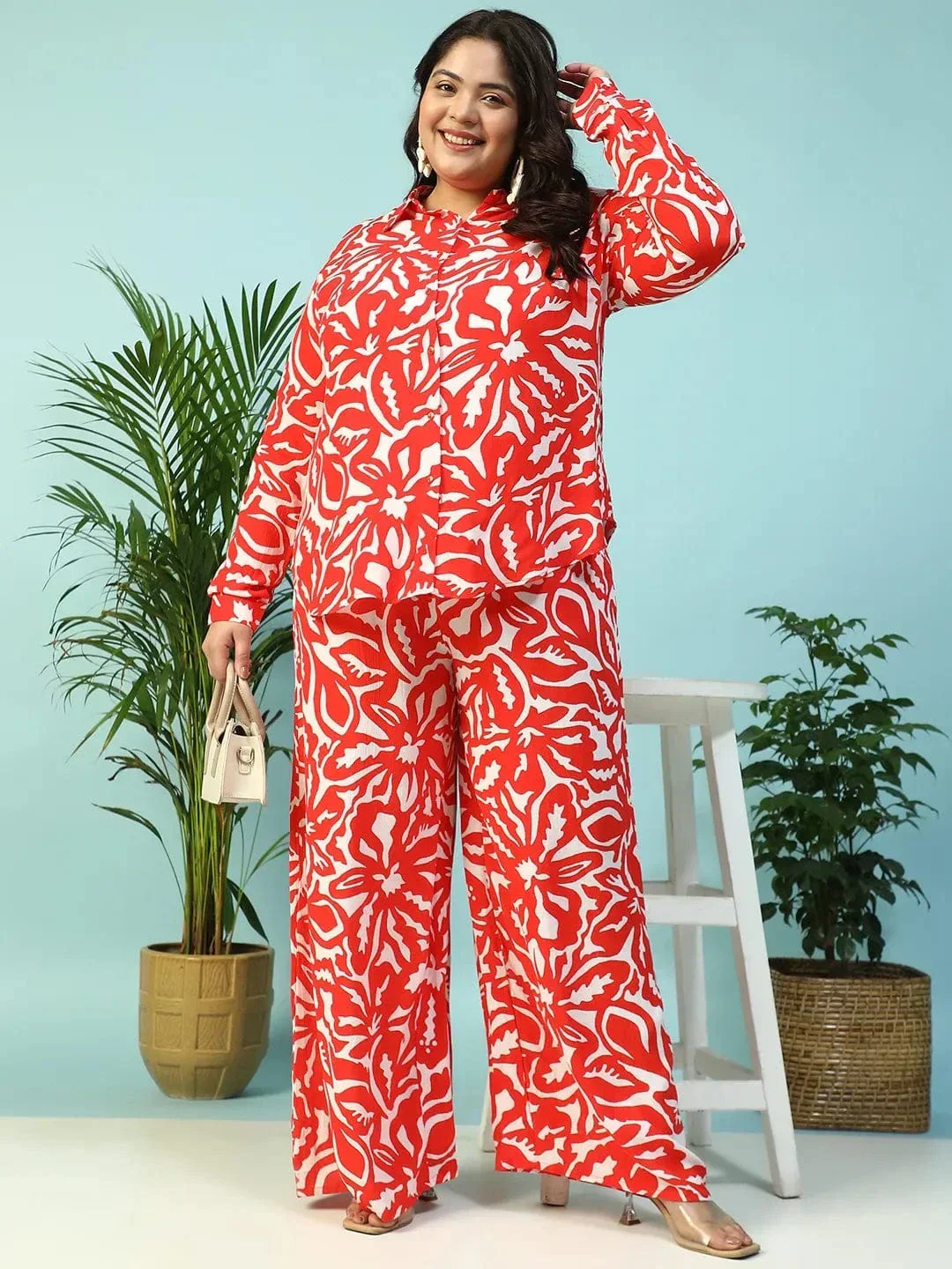 Ruby Red Floral Print Flared Elasticated Waist With Tie-Up Detail Plus Size Women Pant - Image 7