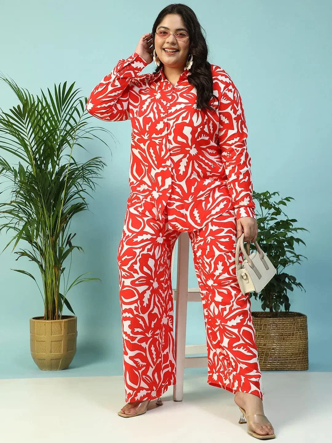 Ruby Red Floral Print Flared Elasticated Waist With Tie-Up Detail Plus Size Women Pant - Image 8