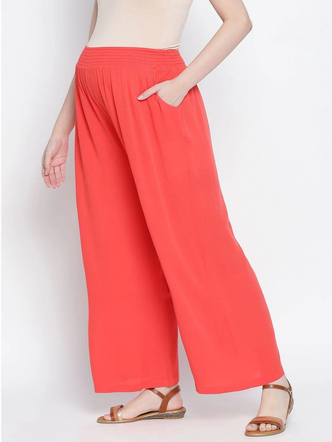Ruby Red Flush Maternity Smocking Waist Pants For Expecting Moms - Image 3