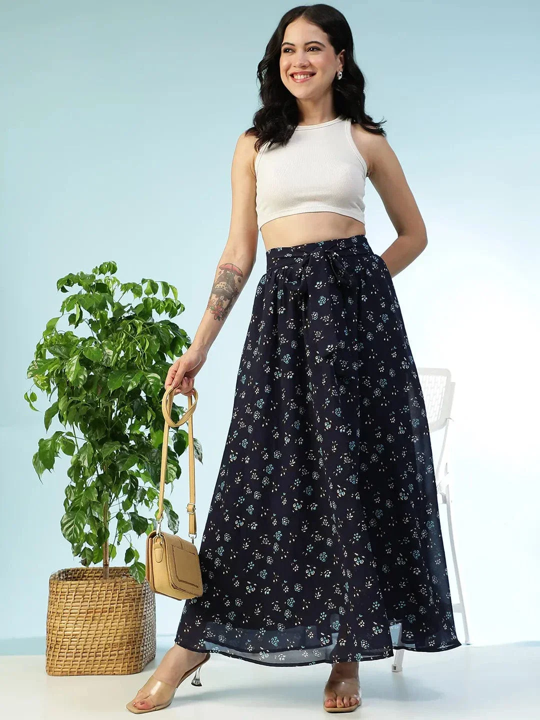 Runway Blue Floral Print Elasticated Waist With Tie-Up Belt Women Long Skirt - Image 7