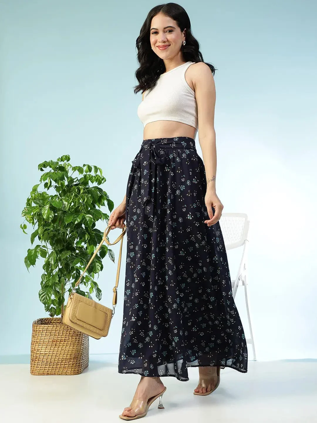 Runway Blue Floral Print Elasticated Waist With Tie-Up Belt Women Long Skirt - Image 8