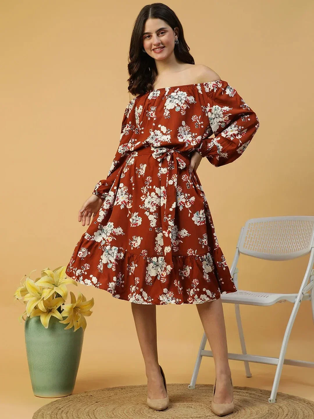 Rust Floral Print Long Sleeve Elasticated Waist With Tie-Up Belt Women Off Shoulder Dress