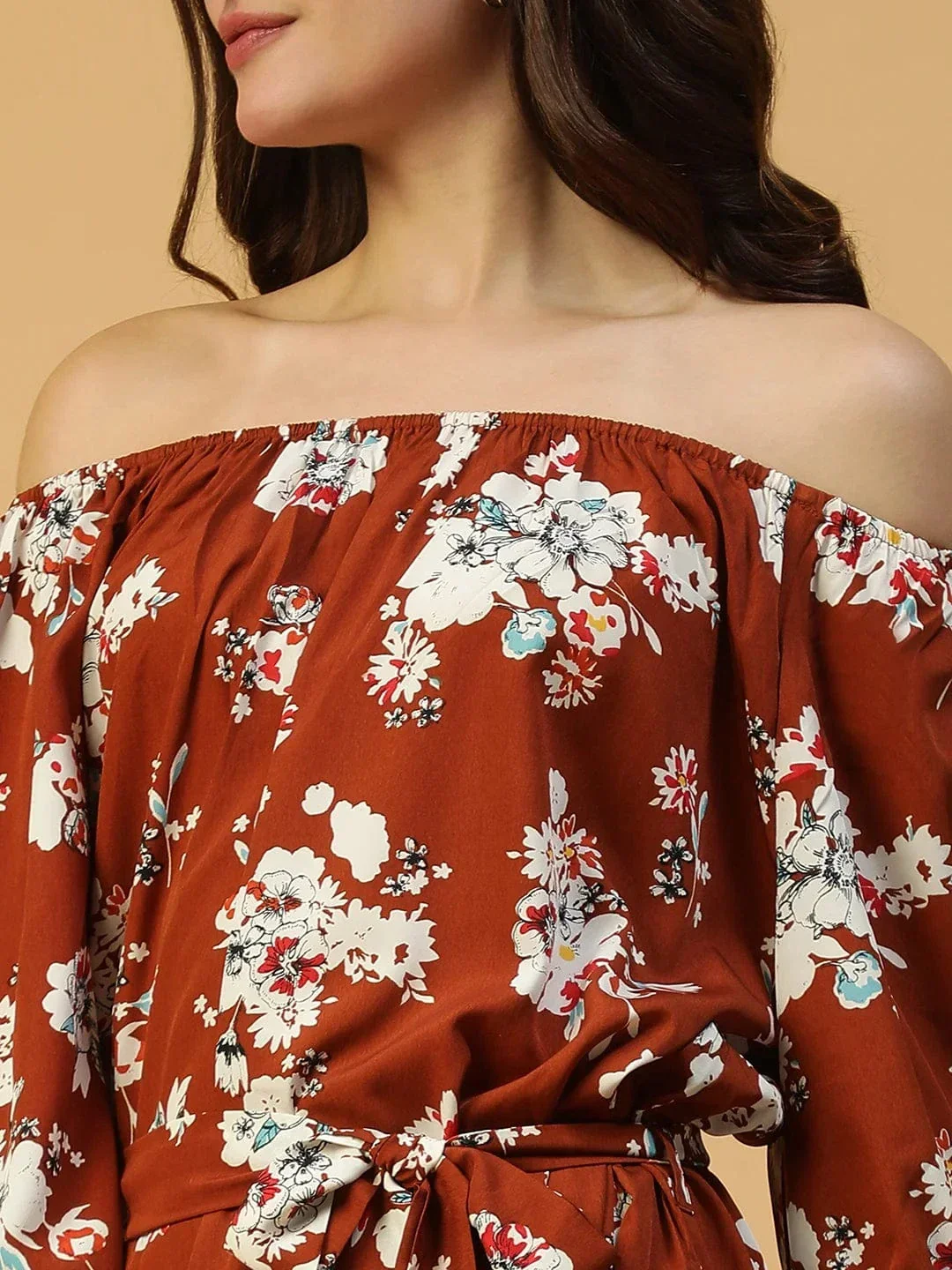 Rust Floral Print Long Sleeve Elasticated Waist With Tie-Up Belt Women Off Shoulder Dress - Image 6