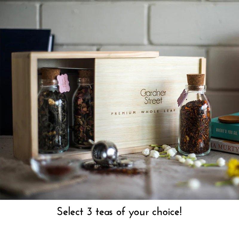 Rustic Pinewood Tea Gift Box with Glass Bottles – 3 Premium Loose Leaf Teas