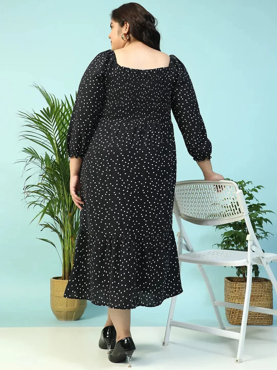 Sable Black Polka Dot Print Long Sleeve Plus Size Women Long Cotton Dress - Image 6