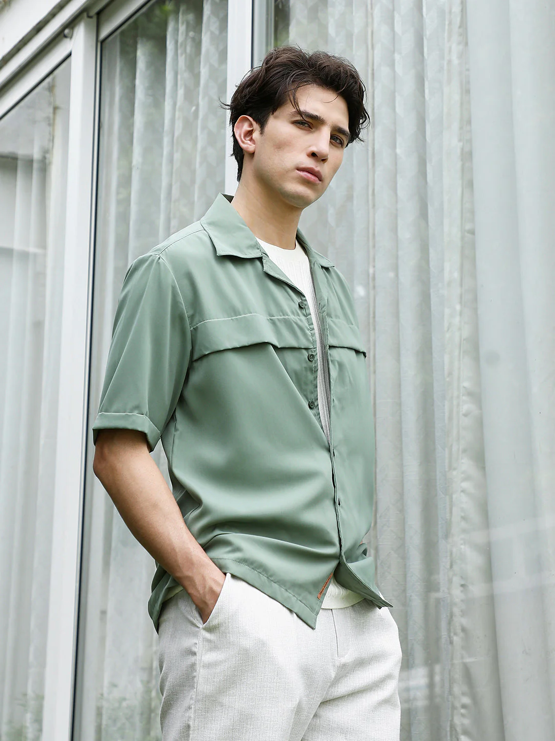 Sage Green Cuban Collar Relaxed Fit Shirt For Men - Image 3