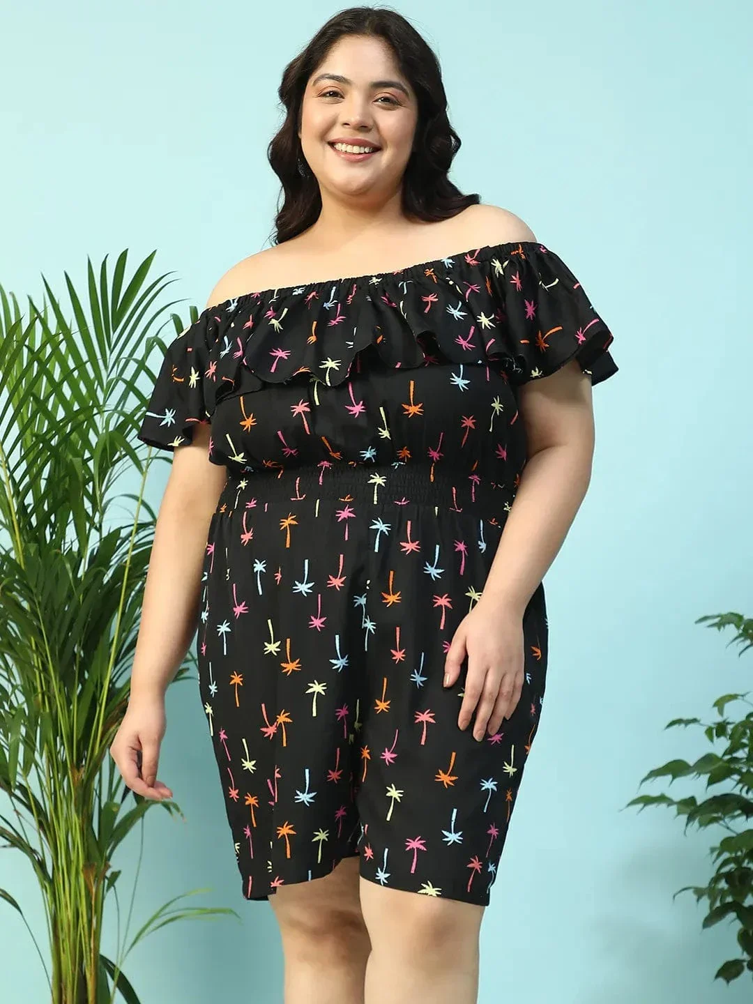 Sailer Black Star Print Elasticated Off - Shoulder Plus Size Beachwear Playsuit - Image 2
