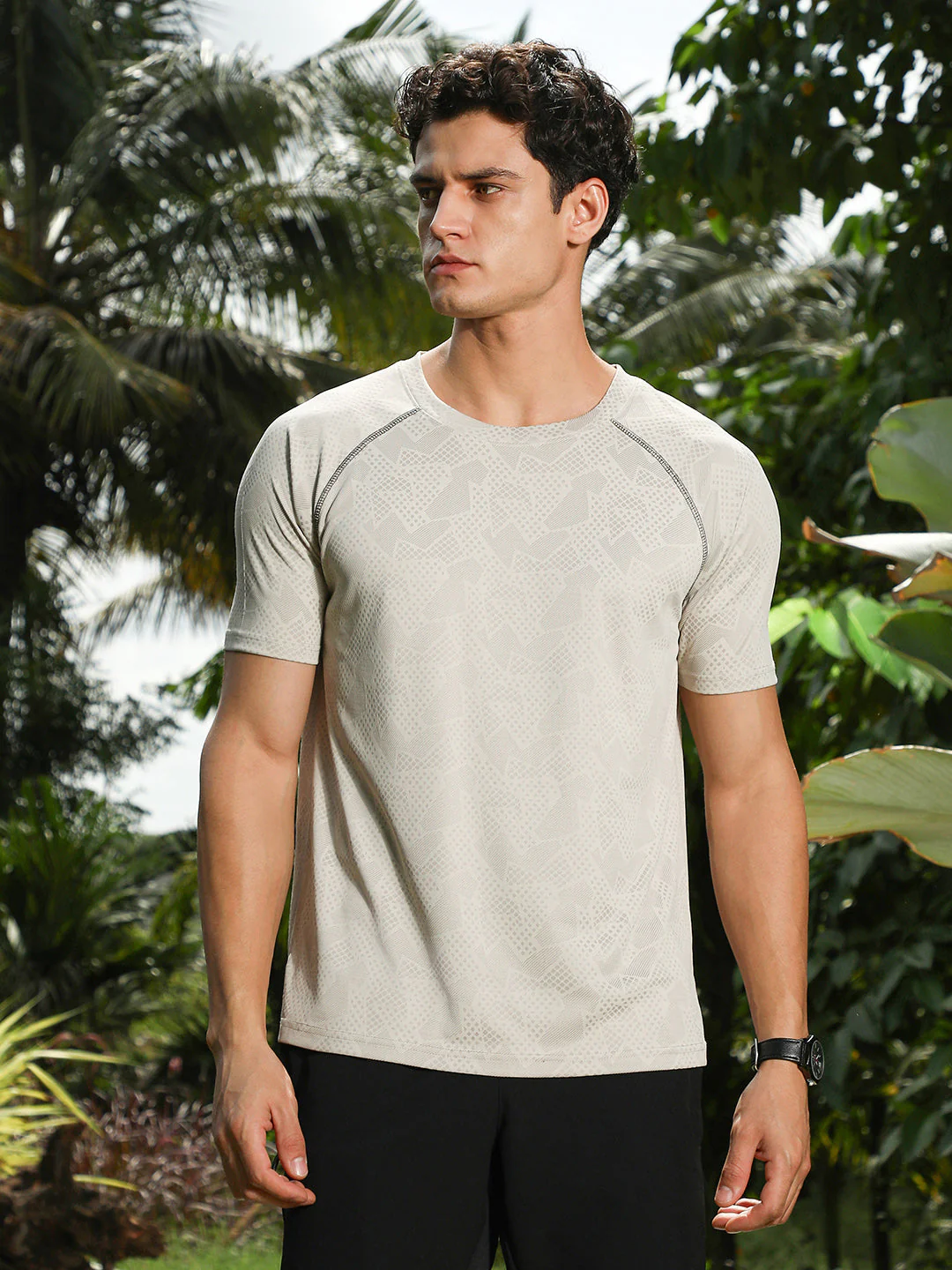 Saltbox Beige Abstract-Imprint Activewear T-Shirt - Image 2