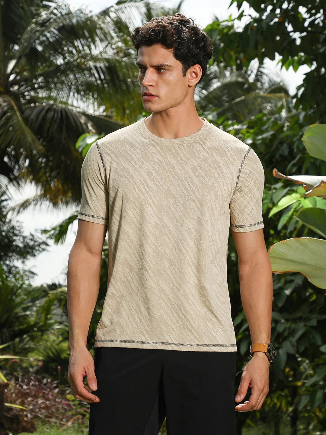 Sand Beige Plash-Imprint Activewear T-Shirt - Image 2