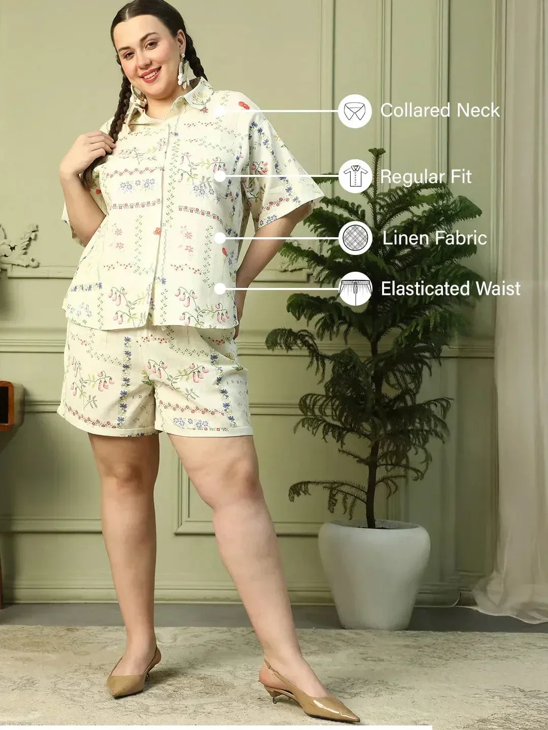 Sandy Breeze Beige Printed Shirt & Shorts Plus Size Cotton Co-ord Set - Image 2