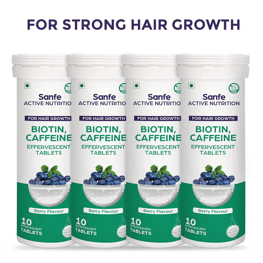 Sanfe Effervescent Tablets, Biotin & Caffeine (Berry) - For Hair Growth, supports long hair, 40 Tablets
