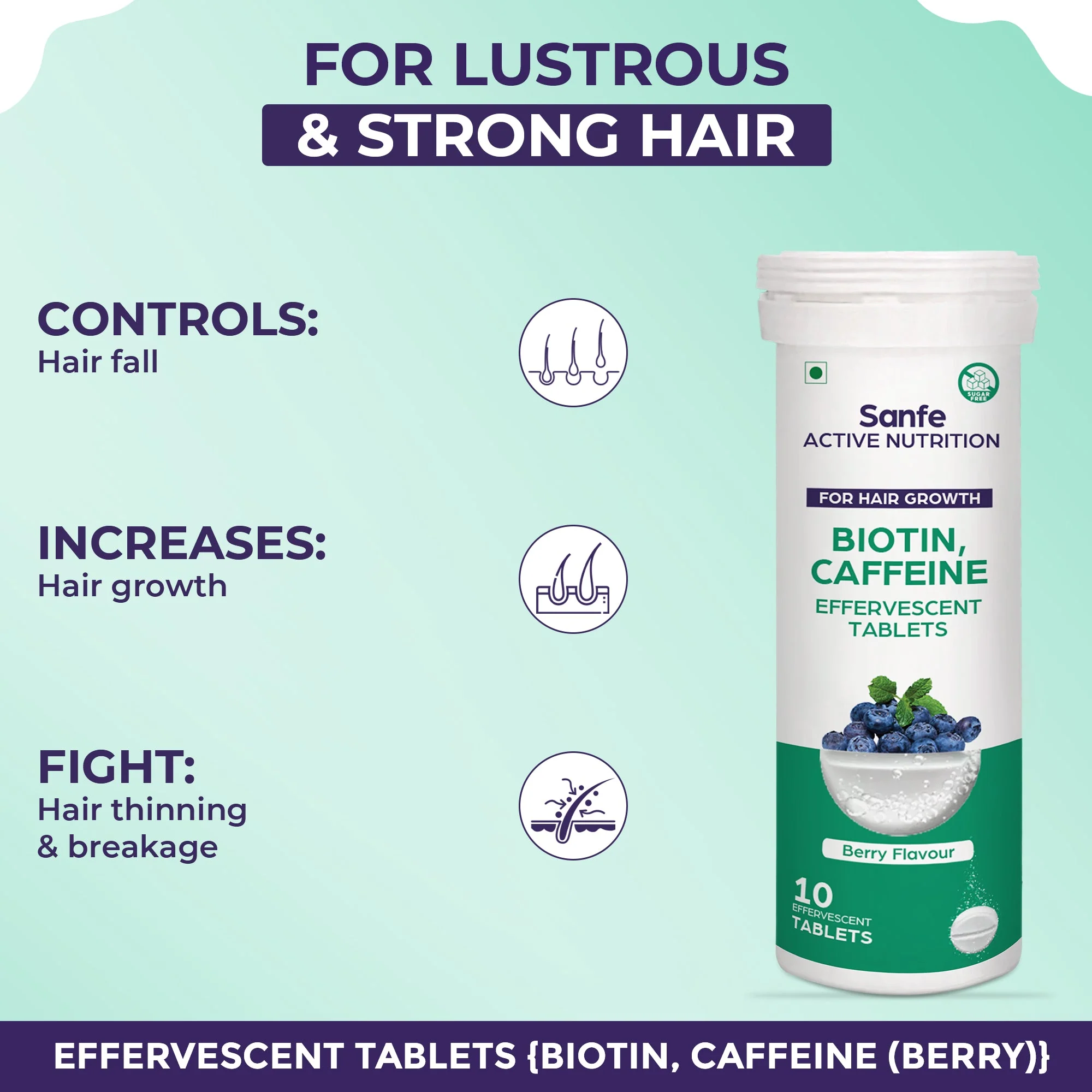 Sanfe Effervescent Tablets, Biotin & Caffeine (Berry) - For Hair Growth, supports long hair, 40 Tablets - Image 2