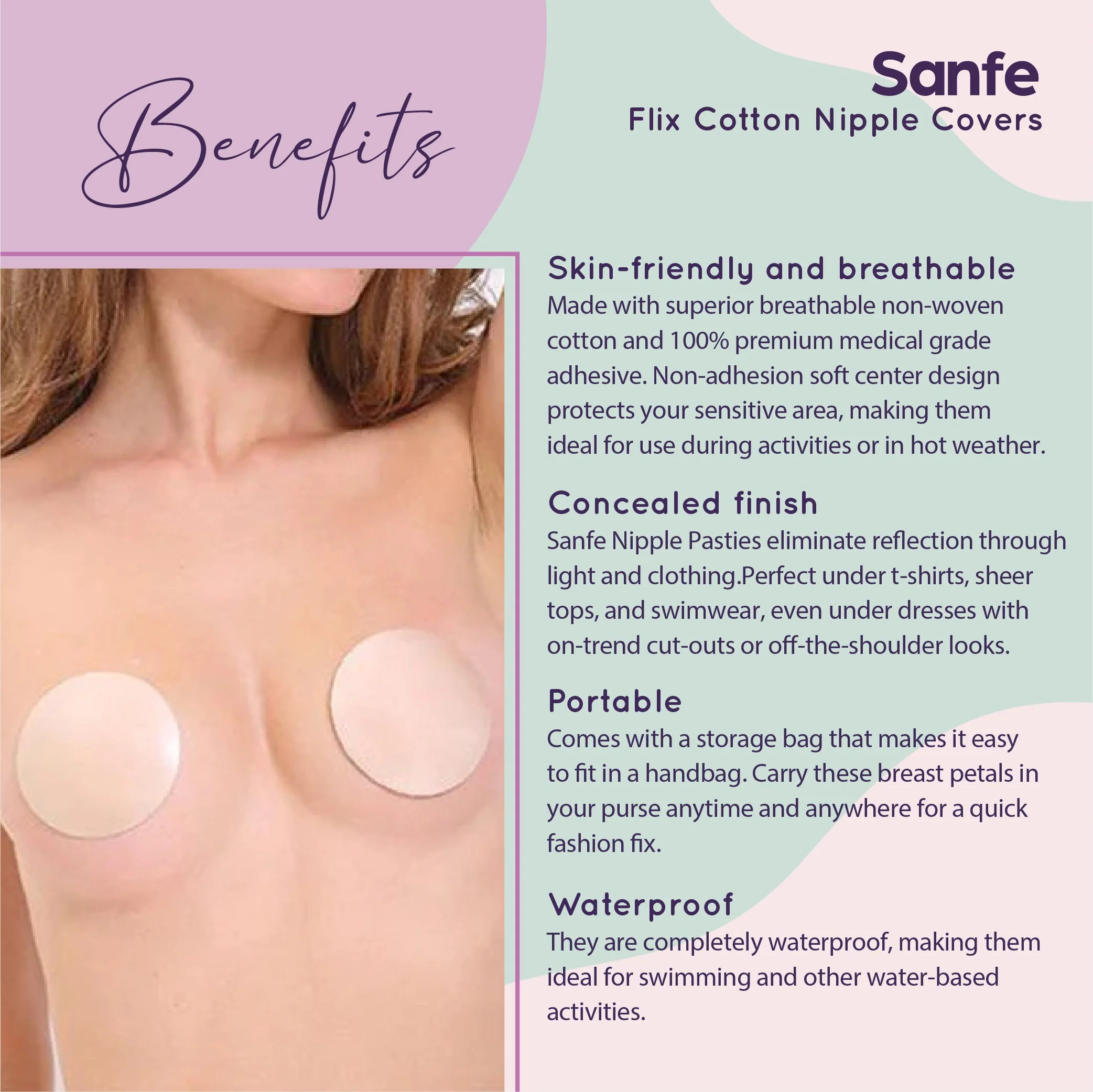 Sanfe Flix Cotton Nipple Covers | 10 Breathable Nipple Pasties | No Show Bra For Women, Skin Friendly Adhesive, disposable - Image 8
