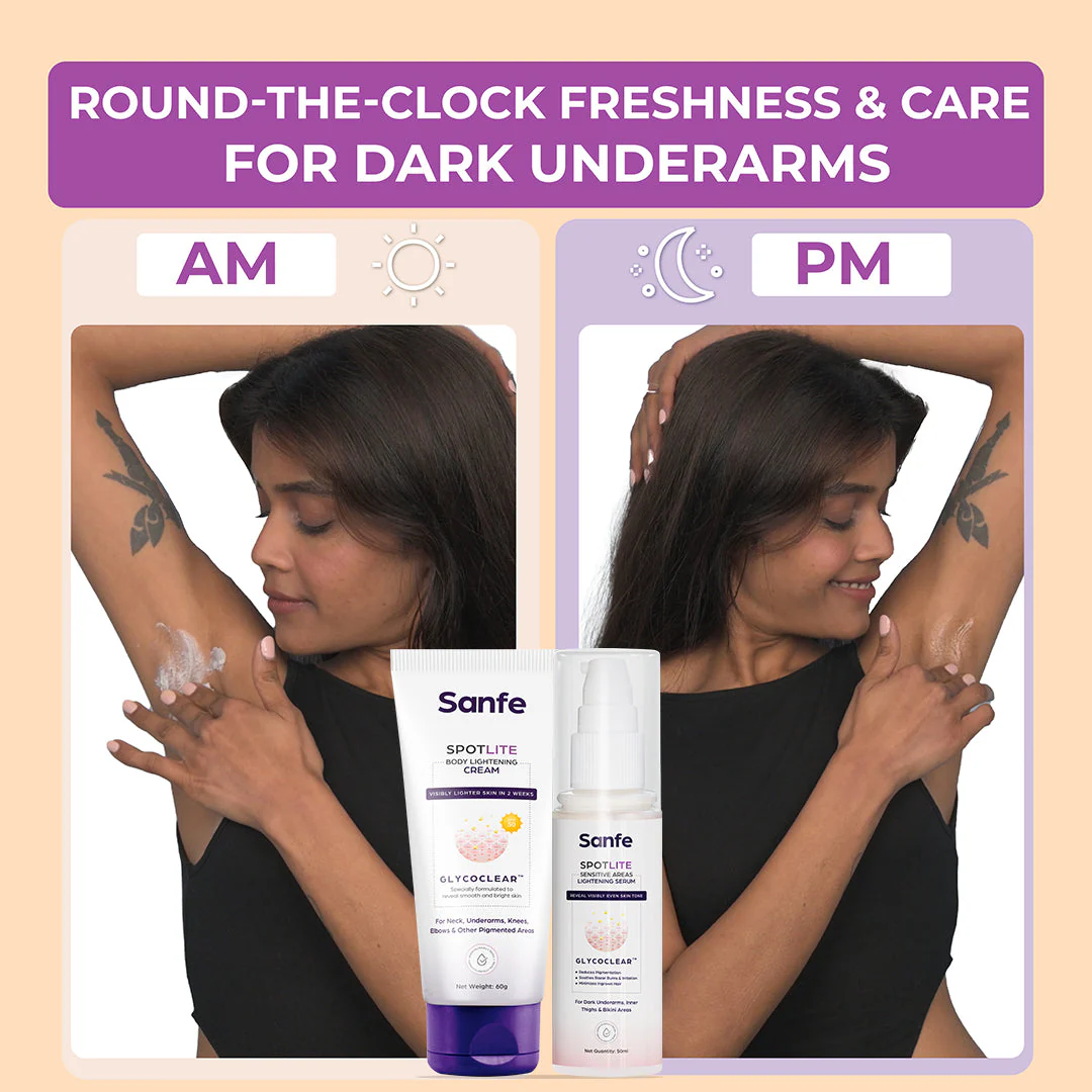 Sanfe Spotlite AM & PM Underarm Lightening Combo | For Extra Dark underarms | 3X Quicker Penetration With Glycodeep Technology | Spotlite Cream & Sensitive Area Serum | For Dark Patches, Detanning and Skin Tightening - Image 4