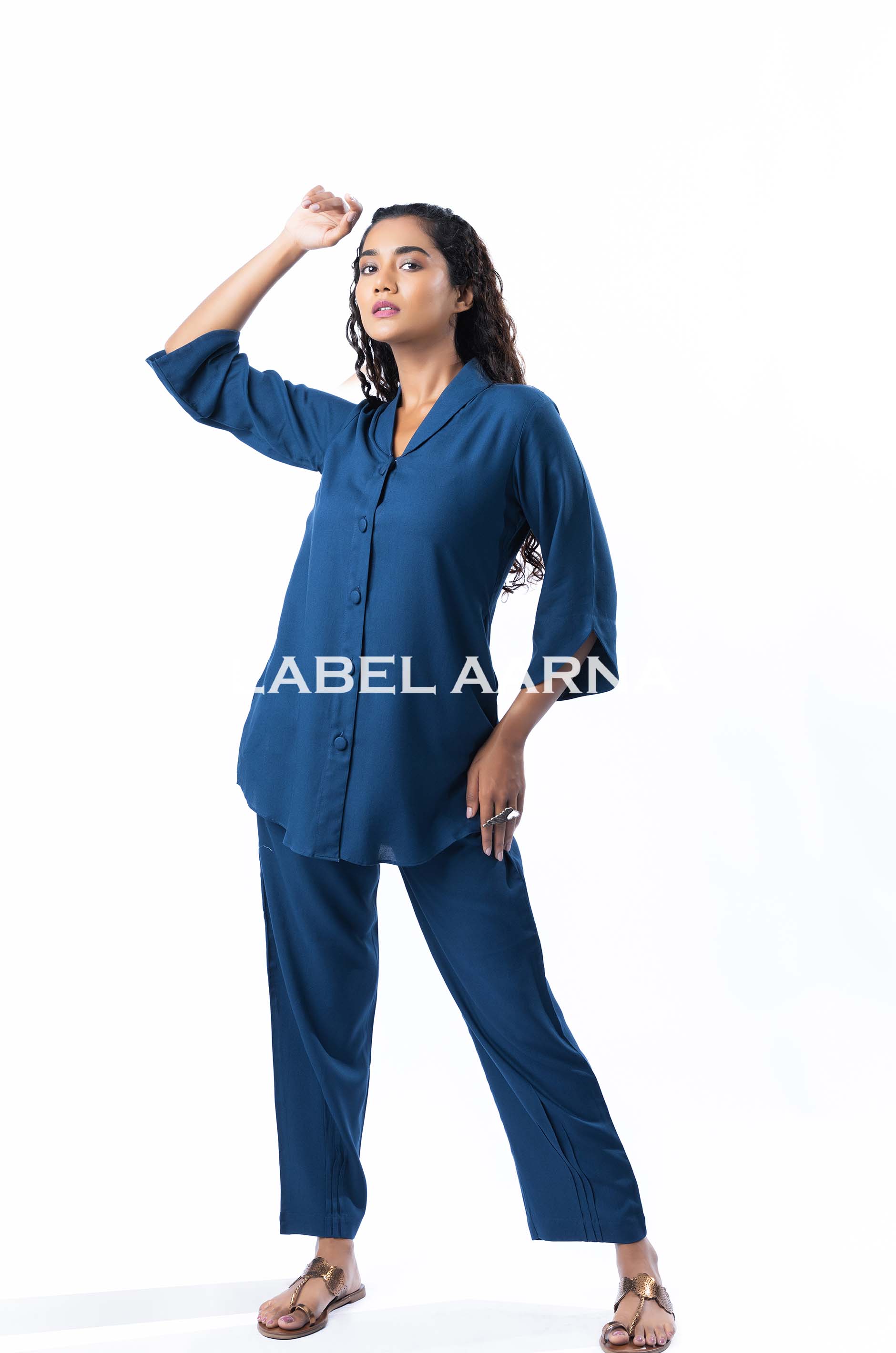 Sapphire Blue Viscose Rayon Shawl Collar With Curved Sleeves Co-Ord Set