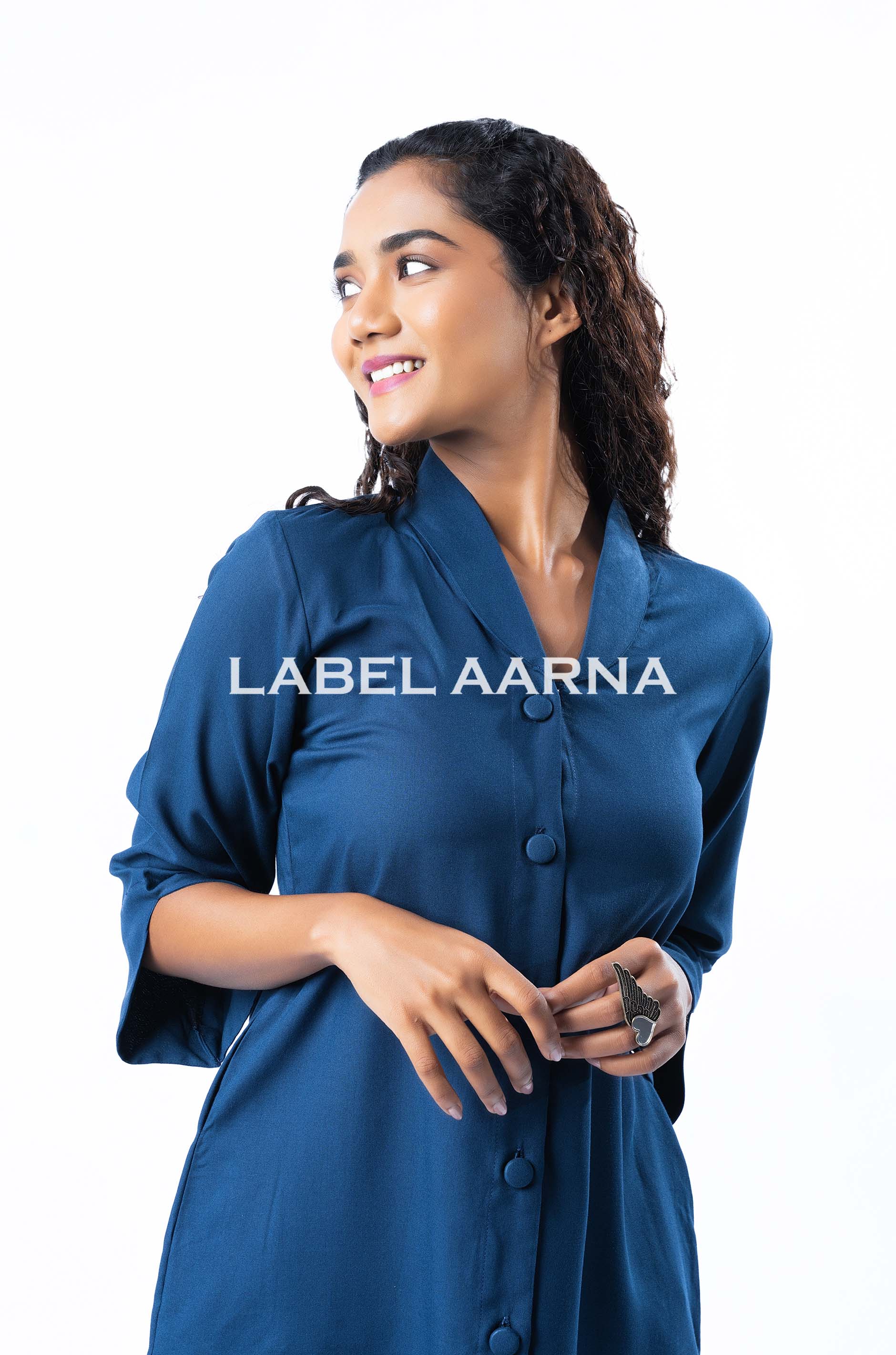 Sapphire Blue Viscose Rayon Shawl Collar With Curved Sleeves Co-Ord Set - Image 2
