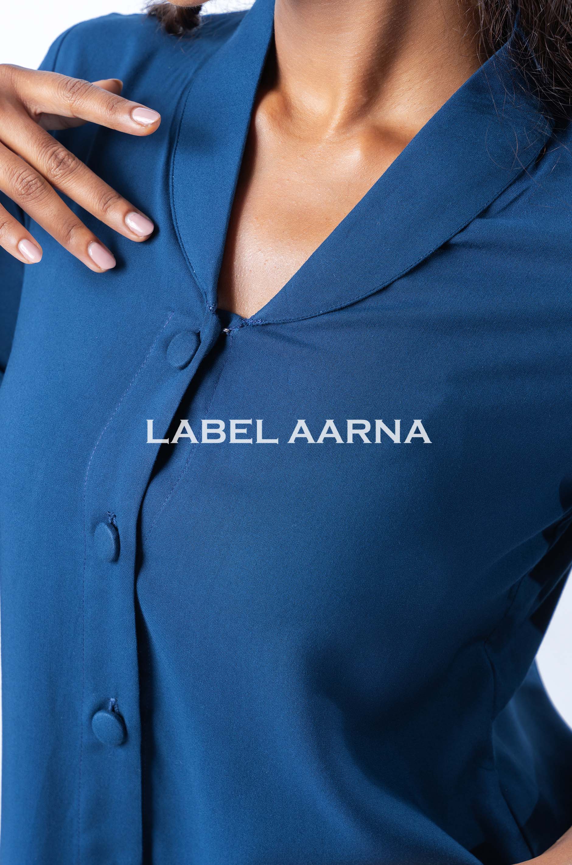Sapphire Blue Viscose Rayon Shawl Collar With Curved Sleeves Co-Ord Set - Image 3