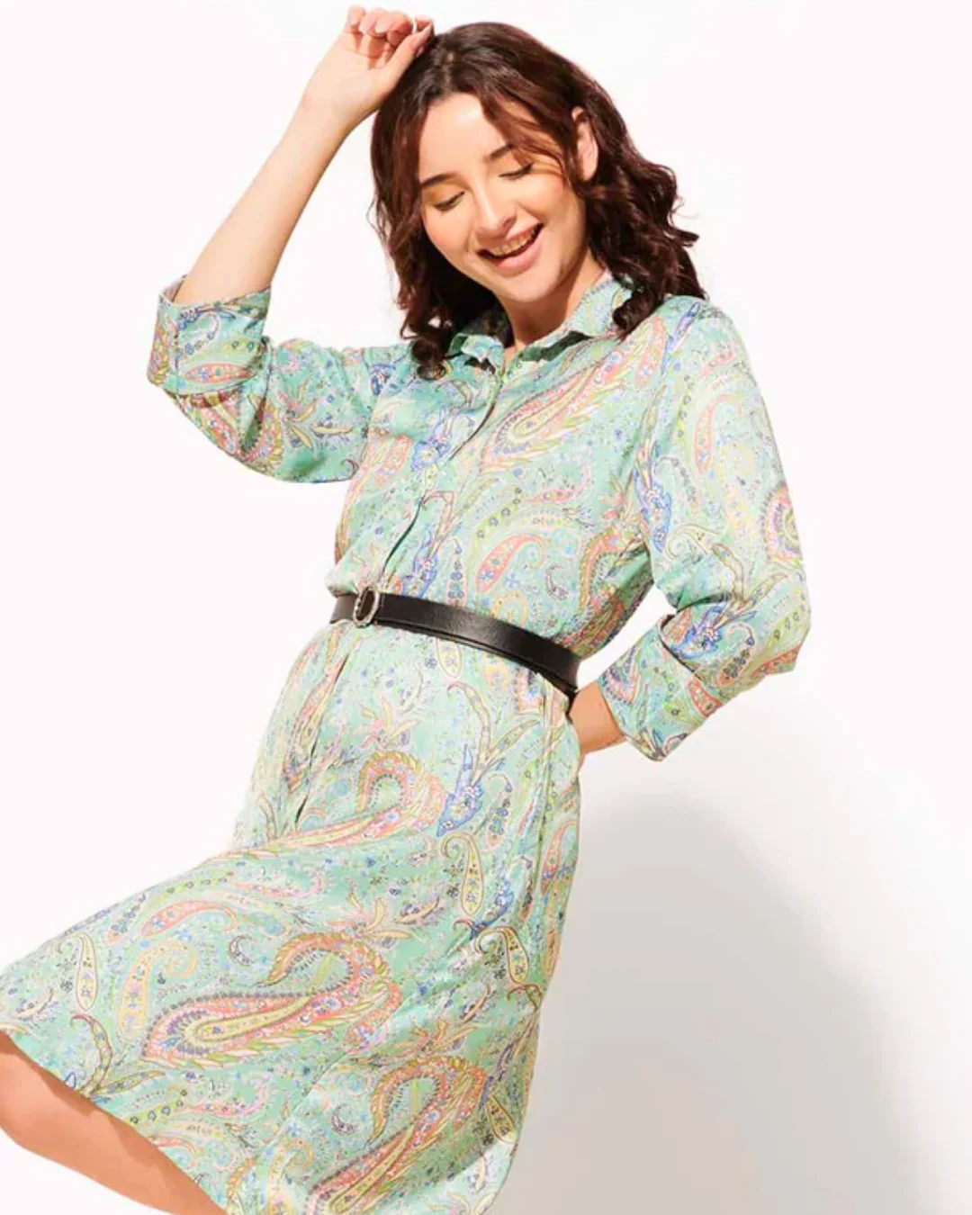 Satin Crepe Collar Buttoned Down Shirt Dress with Belt - Image 11