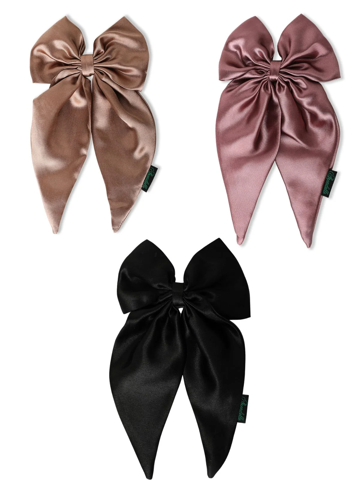 Satin Long Tail Hair Bow Set: Black, Wine & Bronze Elegance - Image 2