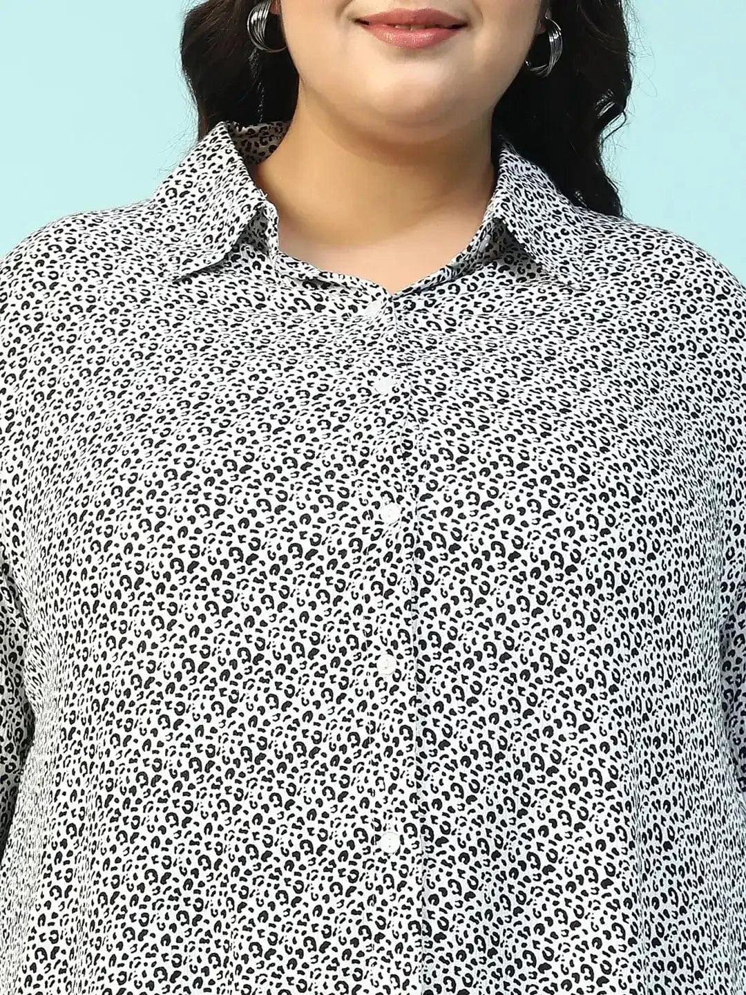 Savage White Animal Print Collared Shirt with Flared Pants Plus Size Women Co-ord Set - Image 6