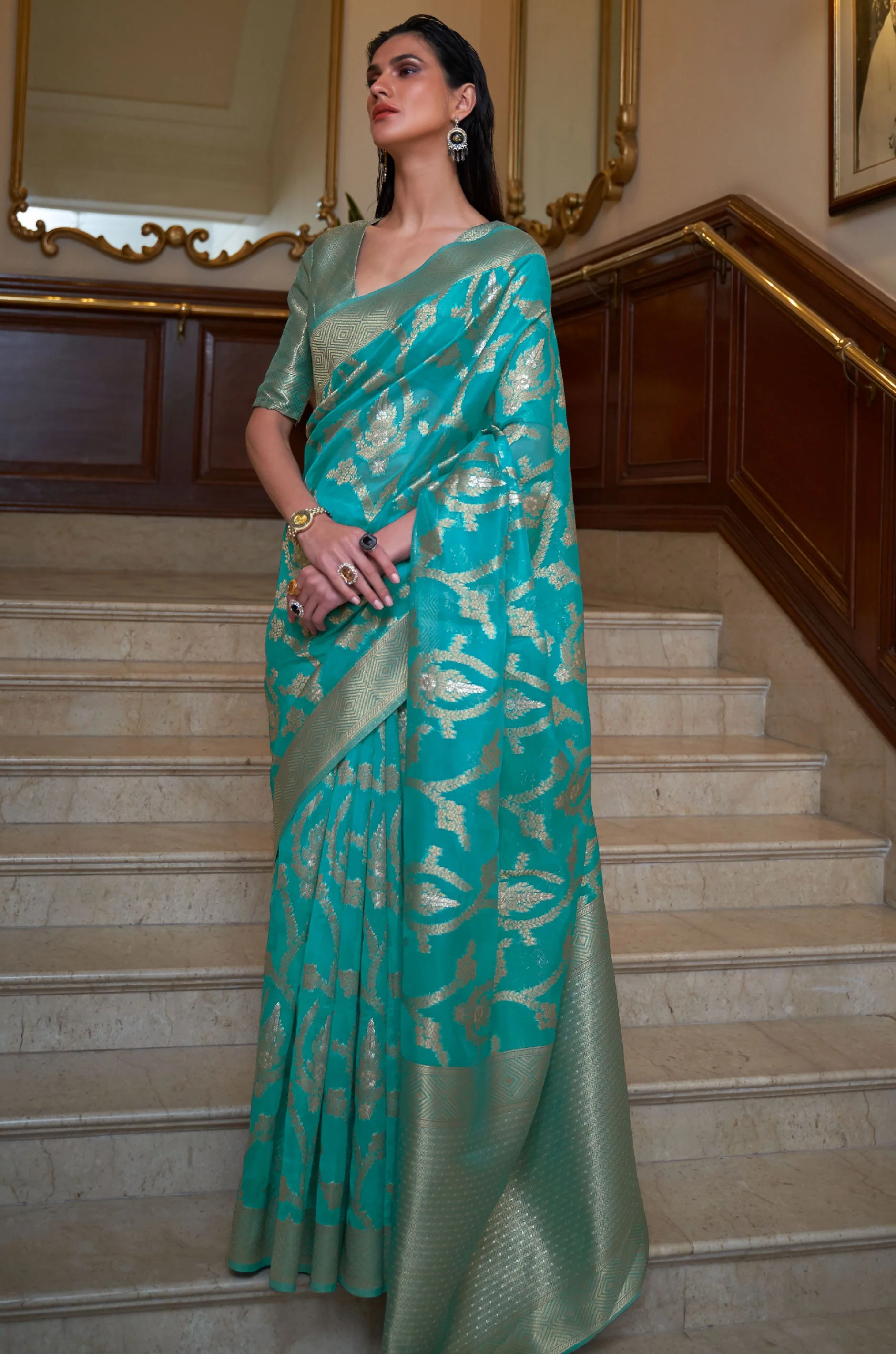Sea Green Organza Woven Saree